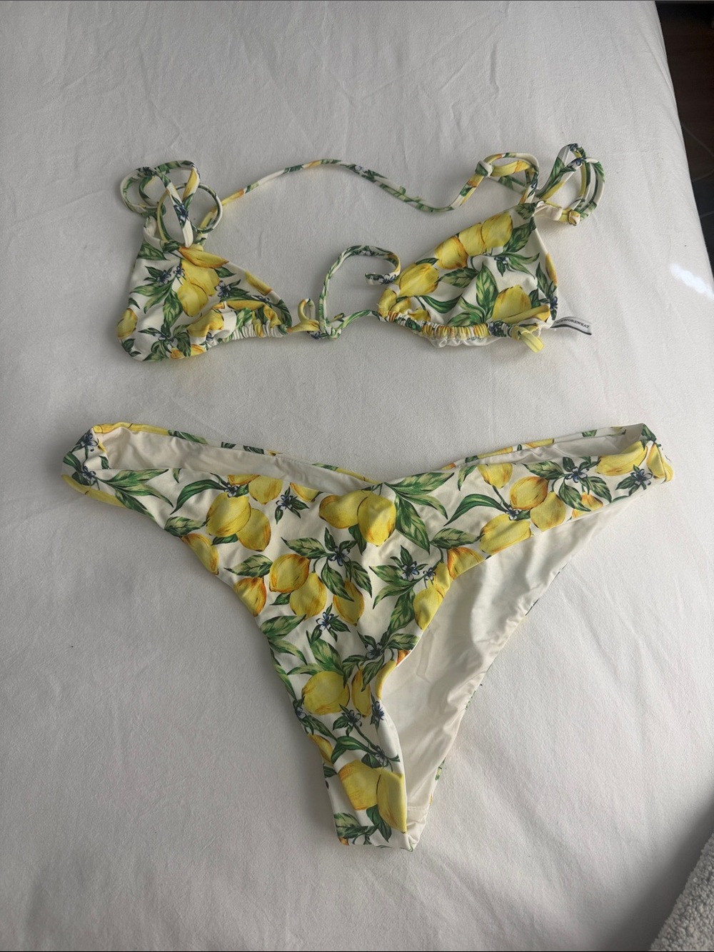 Weworewhat Lemon Print String Bikini Set - Yellow & Green